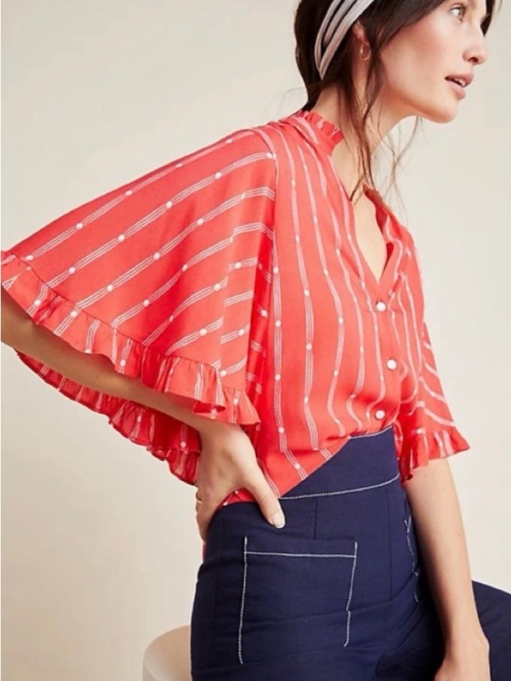 Anthropologie Maeve Aveiro Coral Stripe Ruffle-Sleeve Blouse L Large